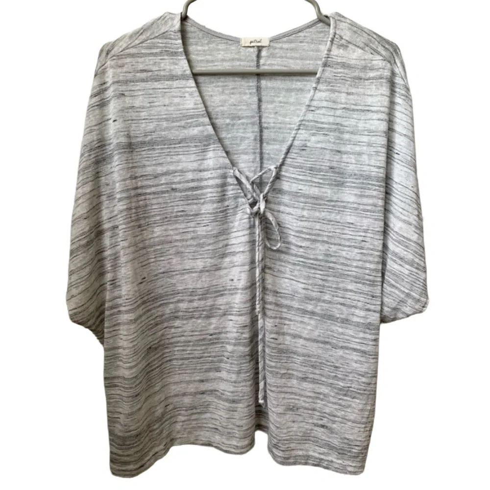 PETROL Women’s Cream Gray Stripe V-Neck Lace Up Front Cap Sleeve Sweater
